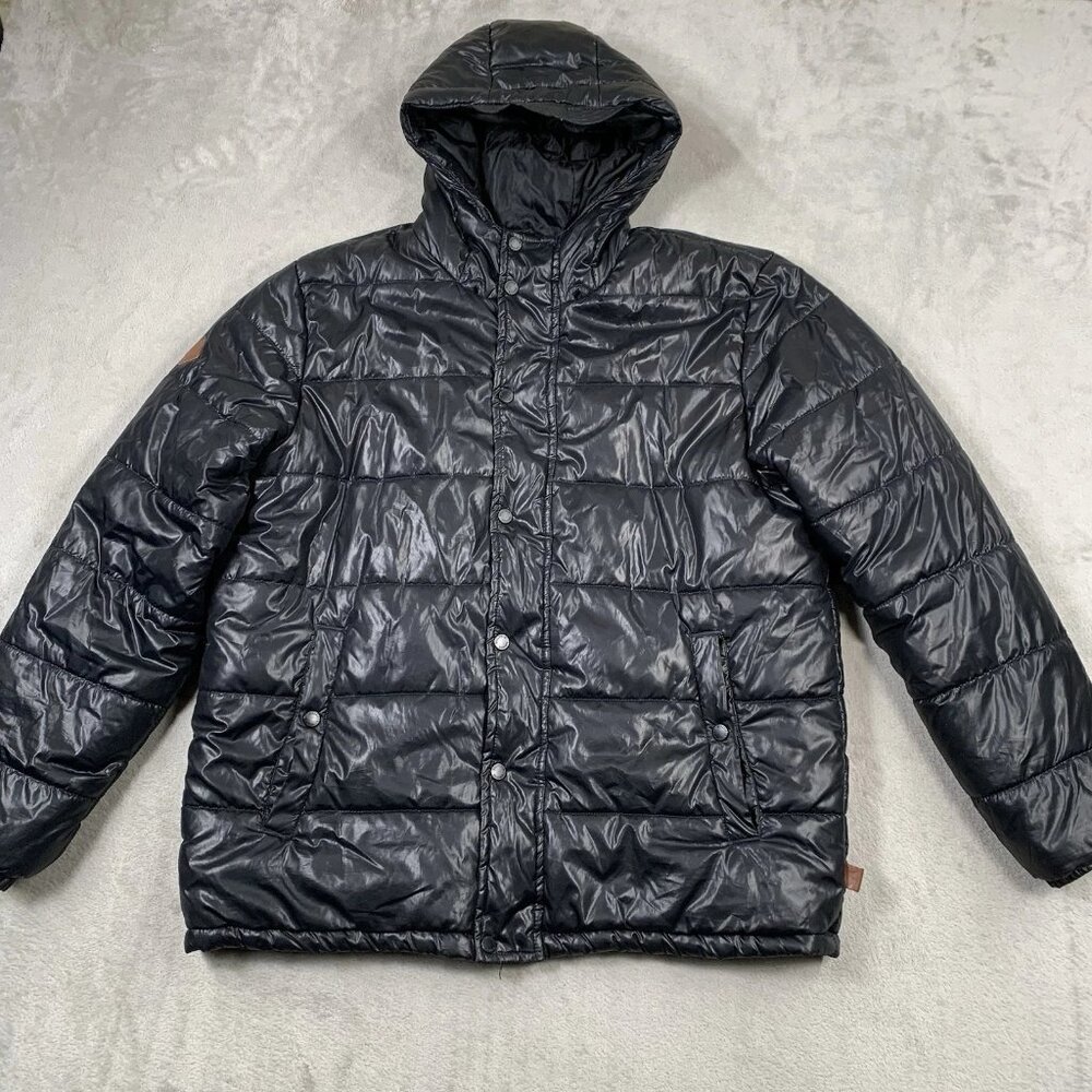 Bellfield Jacket Mens XL Black Puffer Padded Coat Wet Look Hooded Duvet Xenon